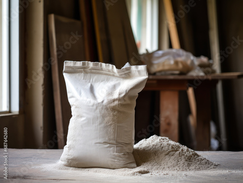 Cement in a white bag, used for construction projects