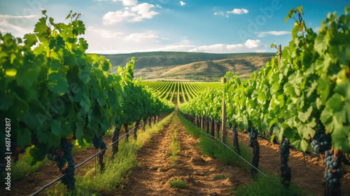 High rows of vineyards photo