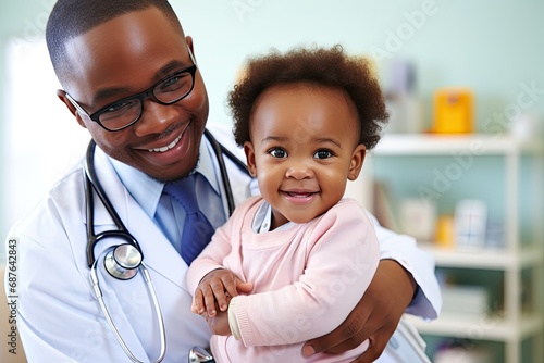 A black man pediatrician cares for children in a hospital clinic. photo