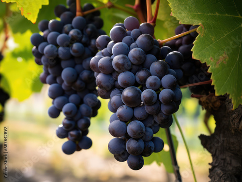 Ripe grapes hanging in the vineyard, in the vineyard in the morning