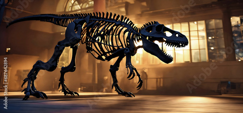 skeleton of a Tyrannosaurus rex dinosaur in museum. T-Rex Tyrannosaurus Rex Dino Skeleton. fossil skeleton of dinosaur king tyrannosaurus rex. night at the museum with many people. Ai generated © Maxim Chuev