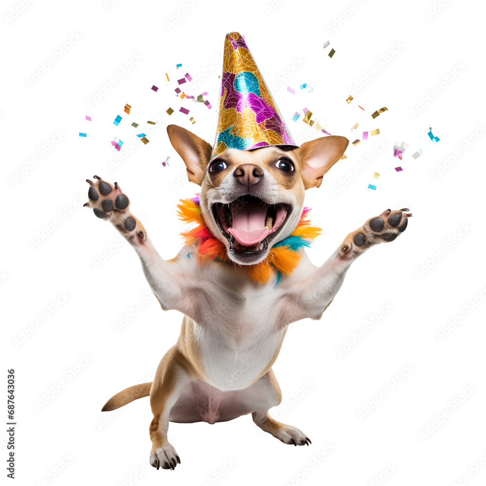 dog with party hat on a transparent background PNG for use in decorating projects.