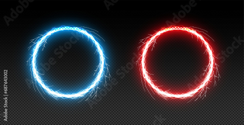Vector illustration of blue and red neon light doors with a smoke effect on a black grid-patterned background.