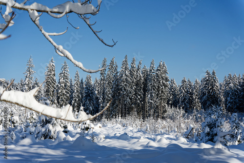 View of a Bavarian winter landscape with lots of snow, blue sky with clouds on a cold winter day