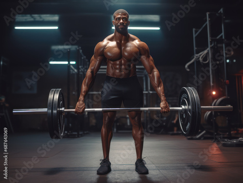 Handsome and strong athletic african man pumping biceps fitness exercise and gym concept background