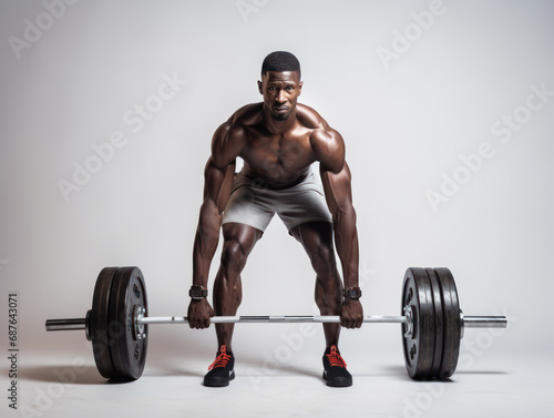 Strong athletic african man pumping biceps fitness exercise and gym concept on white background