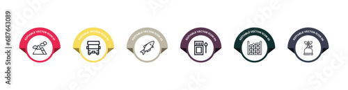 mountain, camper van, sardine, matches, firewood, camping gas outline icons set. editable vector from camping concept.