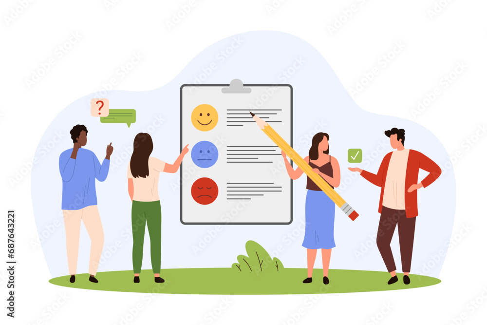 Customer feedback, product quality survey vector illustration. Cartoon tiny people with pencil rate user experience and satisfaction in online questionnaire with happy, sad faces of emoticons