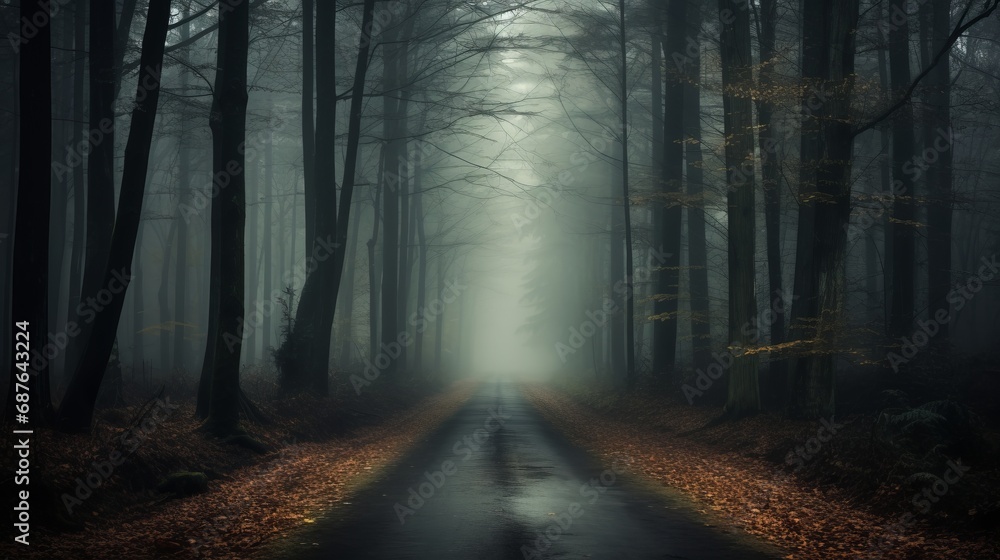 Naklejka premium lonely road in the forest with heavy fog, blurred, high quality, copy space, 16:9