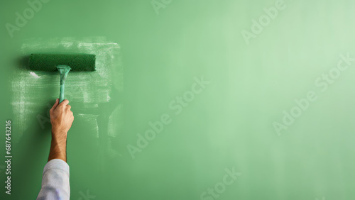 Repairman painting wall in apartment green using roller closeup, house reconstruction concept