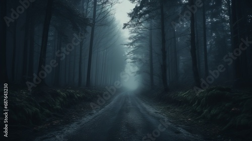 lonely road in the forest with heavy fog, blurred, high quality, copy space, 16:9