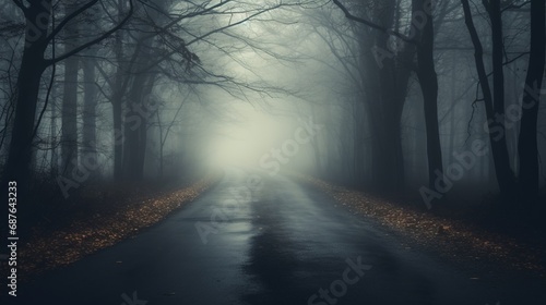 lonely road in the forest with heavy fog  blurred  high quality  copy space  16 9
