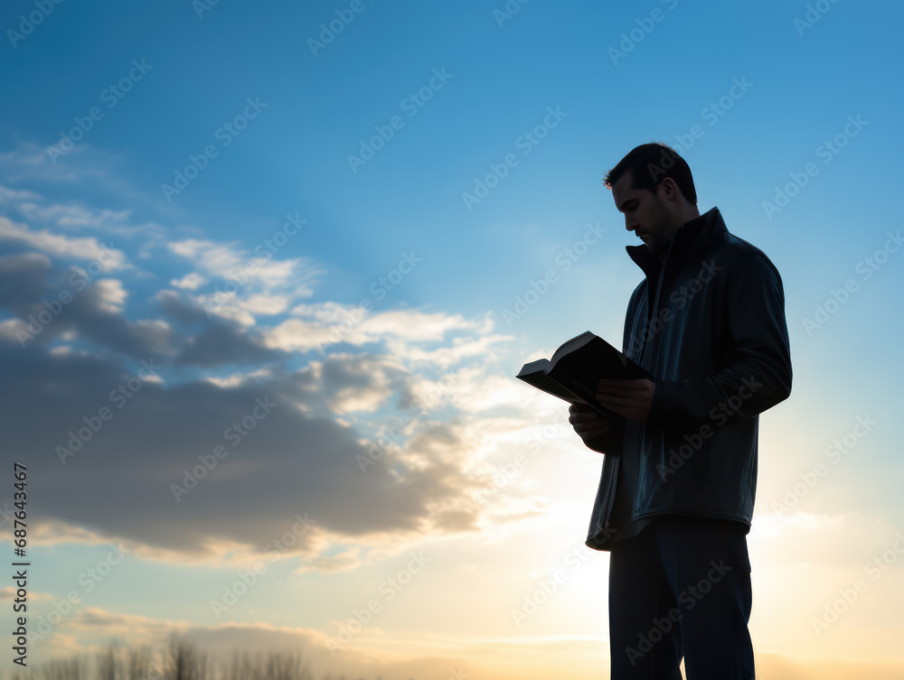 silhouette of man reading a book about scriptures in a field at sunset silhouette of man reading a book about scriptures in a field at sunset