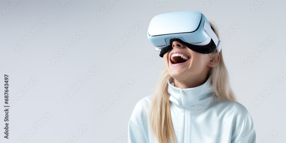 Happy woman wearing virtual reality glasses, enjoying virtual world fun experience in vr Happy woman wearing virtual reality glasses, enjoying virtual world fun experience in vr