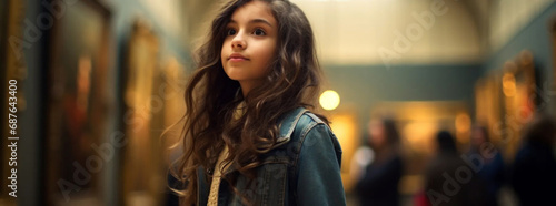 a young girl in an art gallery, in the style of bokeh panorama