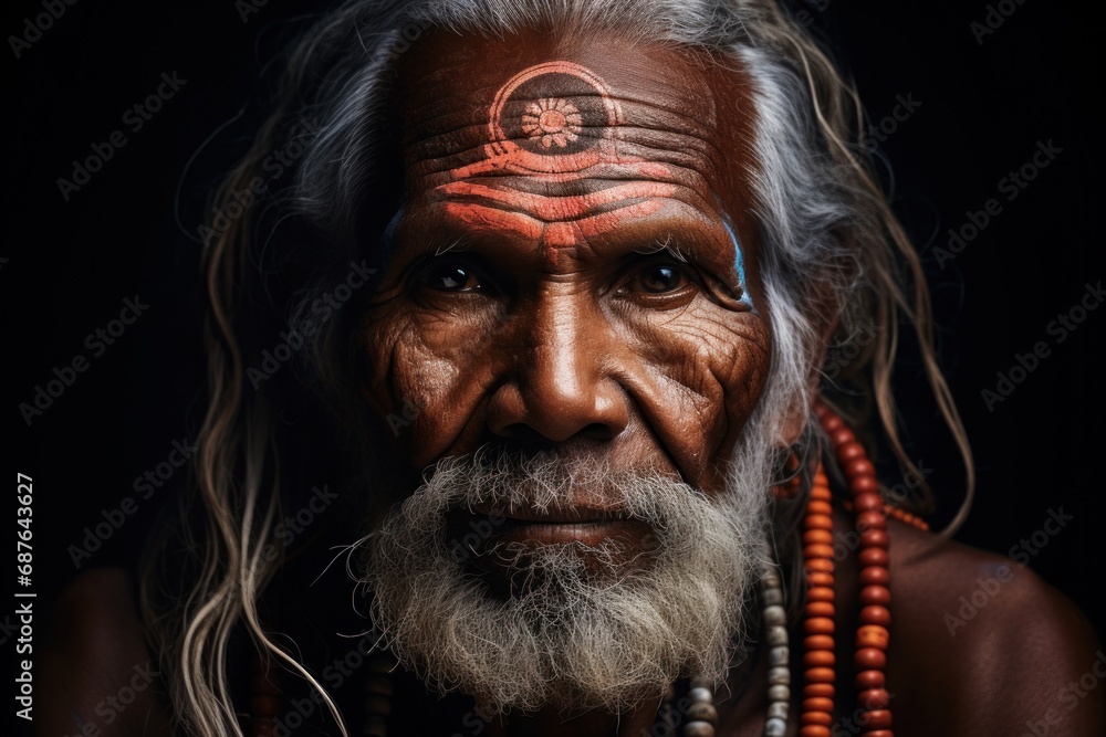 Portrait capturing the essence of indigenous culture. Man adorned with traditional feathered headdress and beaded necklace, exudes sense of strength and heritage against black background, indigenous i