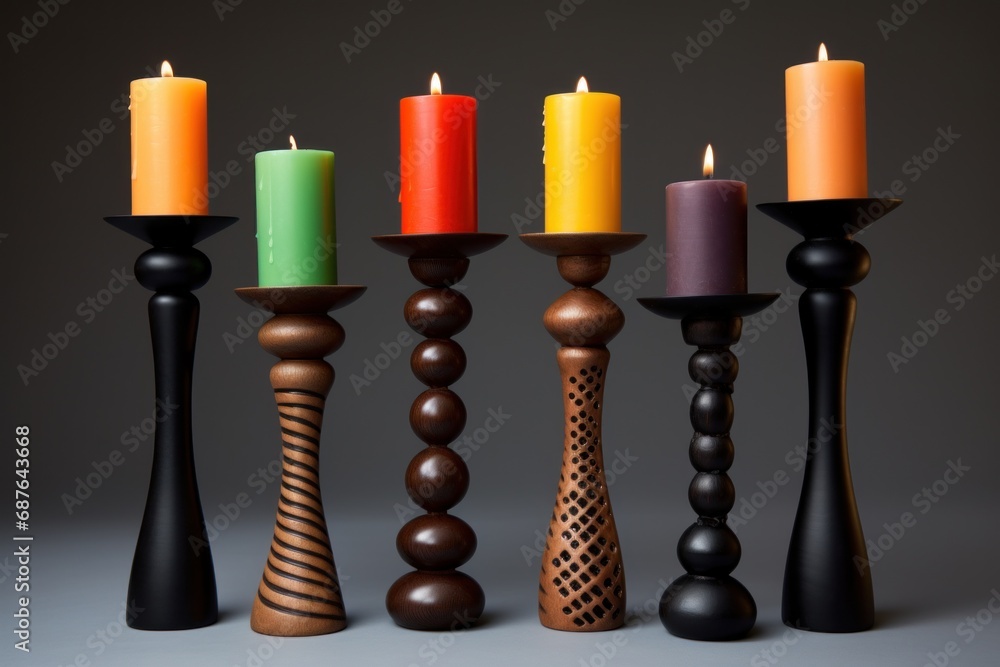 Seven colorful candles in unique wooden candlesticks which have different shapes and designs. The candles are lit and the flames are visible on gray backdrop Seven colorful candles in unique wooden candlesticks which have different shapes and designs. The candles are lit and the flames are visible on gray backdrop