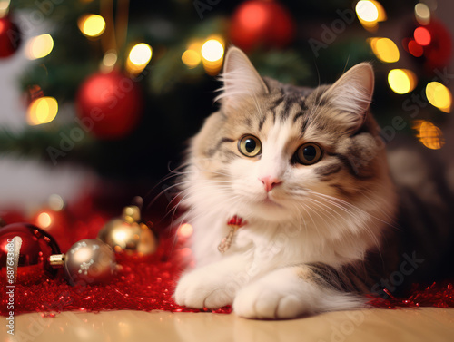 Cute cat at home near Christmas tree at holiday time, Christmas style with pets