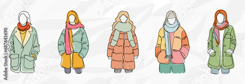 Winterliche Farbenspiele: Lineart-Zeichnungen von Frauen in bunten Winteroutfits