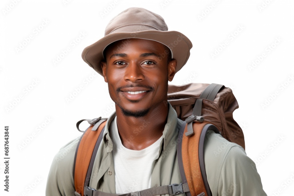 Head shot of african american smiling man looking at camera, isolated on white background. Hiker carrying backpack, tourist explorer Head shot of african american smiling man looking at camera, isolated on white background. Hiker carrying backpack, tourist explorer