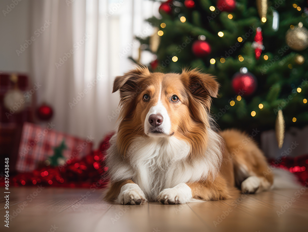 Cute dog at home near Christmas tree at holiday time, Christmas style with pets Cute dog at home near Christmas tree at holiday time, Christmas style with pets