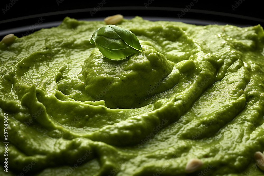 Pesto spread texture background. Green Italian homemade spilled sauce made of ground basil, garlic, pine seeds, olives and pecorino sardo cheese pattern top view Pesto spread texture background. Green Italian homemade spilled sauce made of ground basil, garlic, pine seeds, olives and pecorino sardo cheese pattern top view