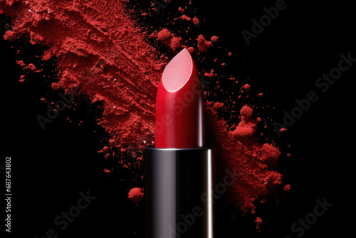 Matte red lipstick over smashed red powder background. Lip stick tube is surrounded by explosion of red powder. Makeup beauty cosmetic luxurious product. Studio macro closeup photo