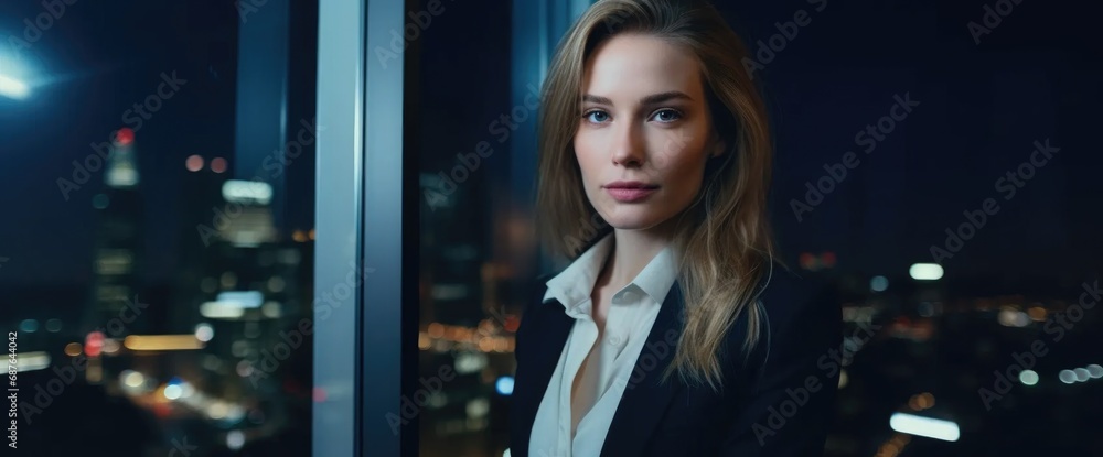 Portrait of  Businesswoman Posing Next to Window in Big City Office with Skyscrapers Late At Night