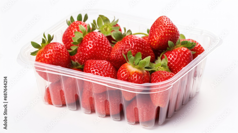 Fresh Strawberries in a Clear Plastic Container: A Close-Up Photo with Vibrant Colors Fresh Strawberries in a Clear Plastic Container: A Close-Up Photo with Vibrant Colors