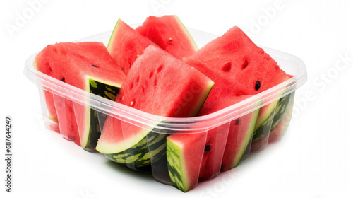 Juicy Watermelons in a Clear Plastic Container: A Close-Up Photo with Vibrant Red Hue
