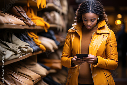 Female in a yellow coat using a mobile phone, bokeh market background