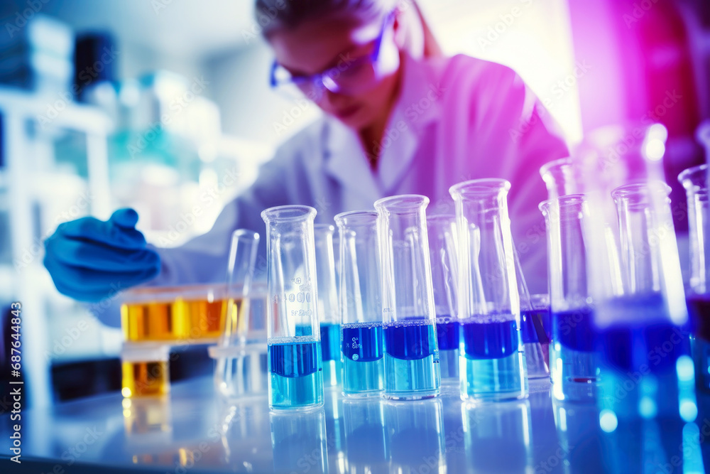 Scientist conducting research in chemistry lab. Female research scientist uses micropipette filling test tubes in big modern laboratory. Scientist conducting research in chemistry lab. Female research scientist uses micropipette filling test tubes in big modern laboratory.