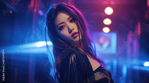 korea Girl in club spotlight. Girl in night club laser lights 