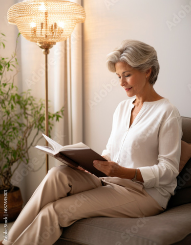 Mature woman relaxing and reading book in living room.