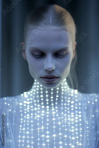 person with white trypophobic LED pattern on his face, geometric glowing dots, dynamic future fashion