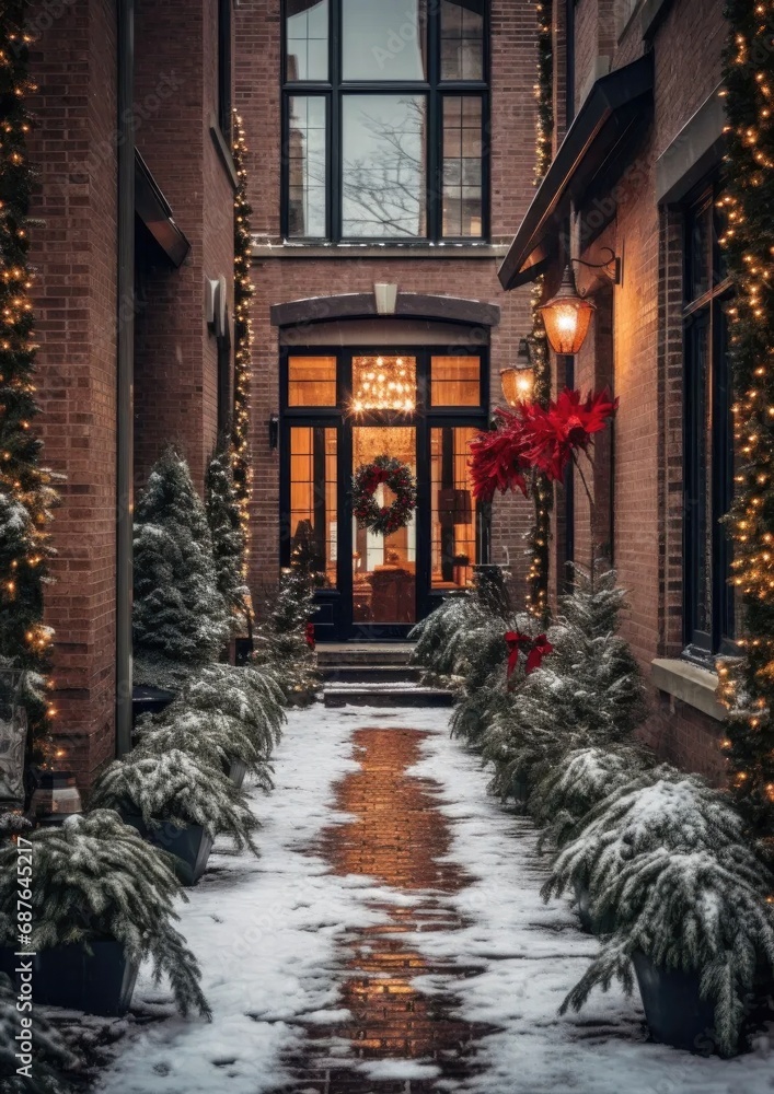 Modern townhouse in the middle of winter, Christmas lights, decorations, Christmas, brick, steel