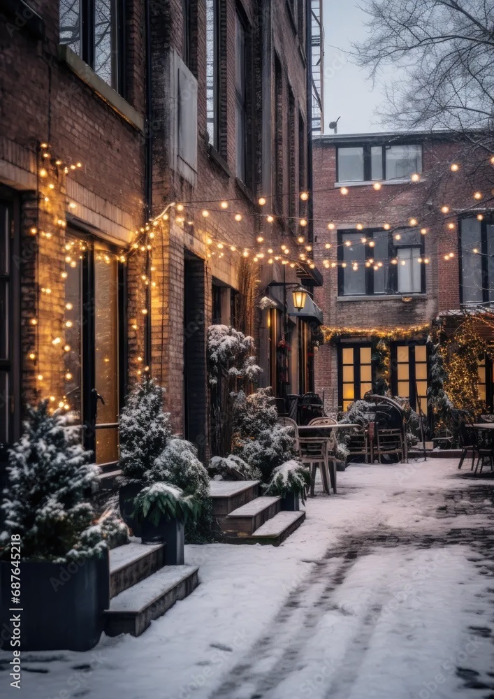 Modern townhouse in the middle of winter, Christmas lights, decorations, Christmas, brick, steel