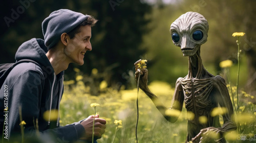 a man and his weird alien friend, in a spring glade
