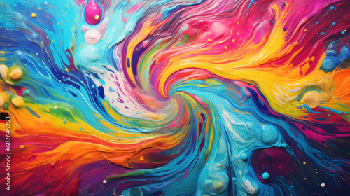 A close-up of a paint explosion in progress, with a rainbow of colors bursting from the center.