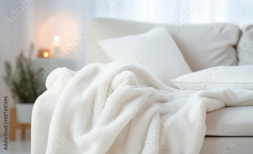 Canvas Print Warm background, white plush blanket draped over the sofa.