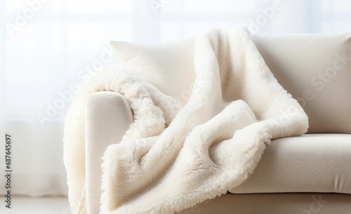 Foto Warm background, white plush blanket draped over the sofa.