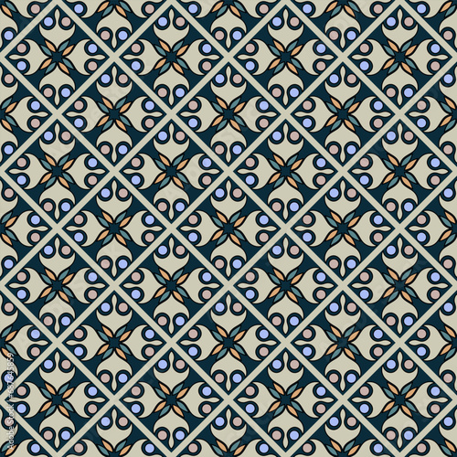 monochrome grey abstract ornament. diagonal seamless pattern. decorative squares. blue stripes. tile. cover. wallpaper.