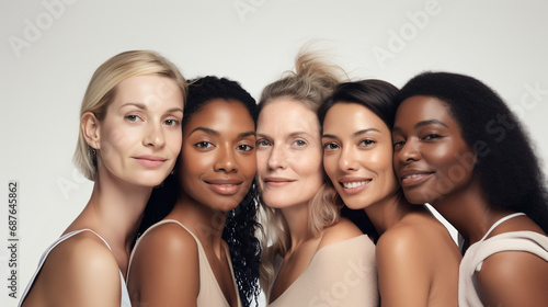 Women of different ages and skin types take care of their skin, apply moisturizer on white background photo