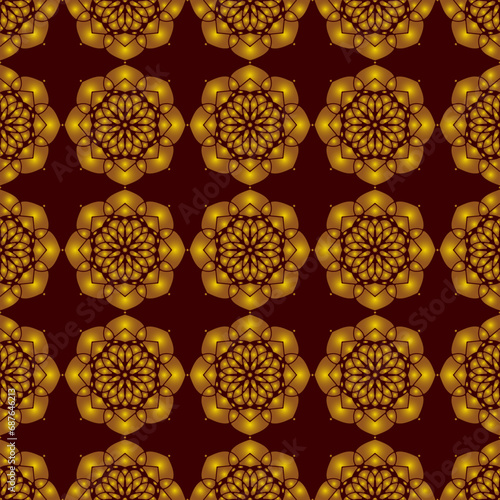 voluminous golden floral ornament on a maroon background. seamless brown embossed pattern. stencil. 3d. beautiful lace. print. template.