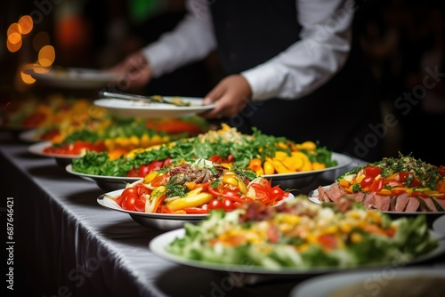 People group catering buffet food indoor in restaurant with meat colorful fruits and vegetables photo