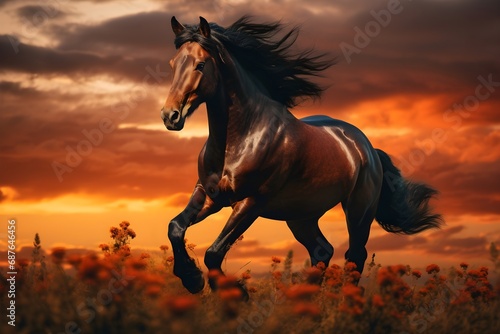 beautiful dark horses galloping across an open space, the concept of freedom, strength, power.