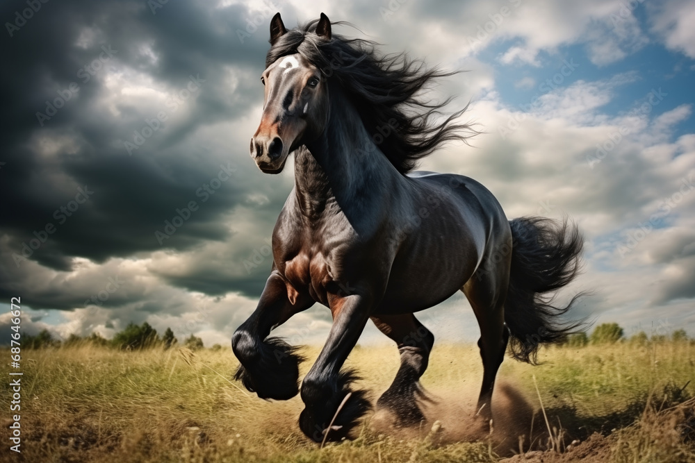 beautiful dark horses galloping across an open space, the concept of freedom, strength, power. beautiful dark horses galloping across an open space, the concept of freedom, strength, power.