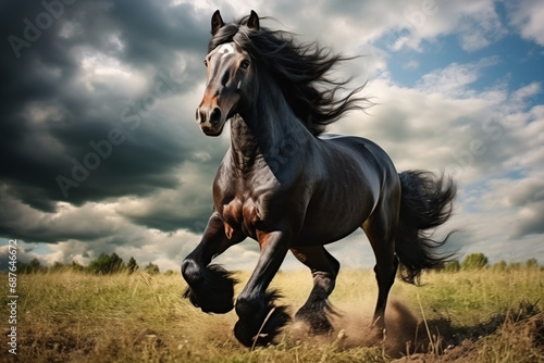 beautiful dark horses galloping across an open space, the concept of freedom, strength, power.