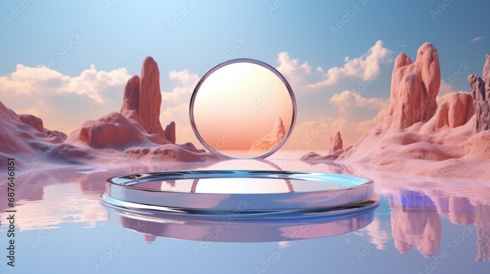 A 3D-rendered surreal landscape portraying a circular podium emerging from the water amidst colorful sand