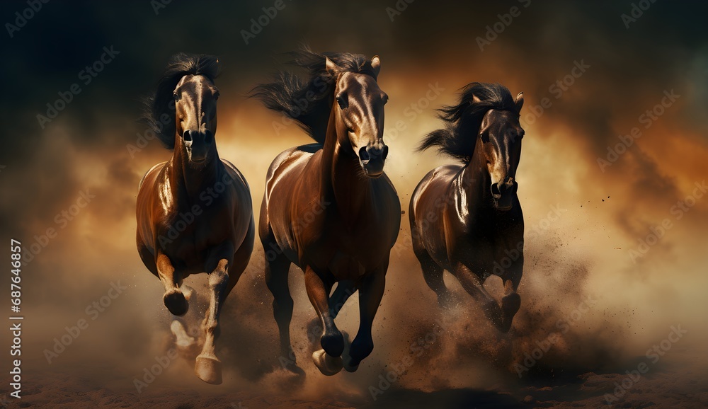 beautiful dark horses galloping across an open space, the concept of freedom, strength, power. beautiful dark horses galloping across an open space, the concept of freedom, strength, power.